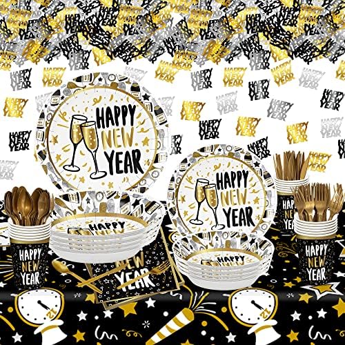 שחור, זהב מאושר לשנה טובה קונפטי - חבילה של 500 | ערכת כלי שולחן חד פעמית לשנה טובה | קישוטים לשולחן השנה החדשה של NYE | כוסות מסיבה של ערב השנה החדשה, כפות, סכינים, צלחות ומפיות